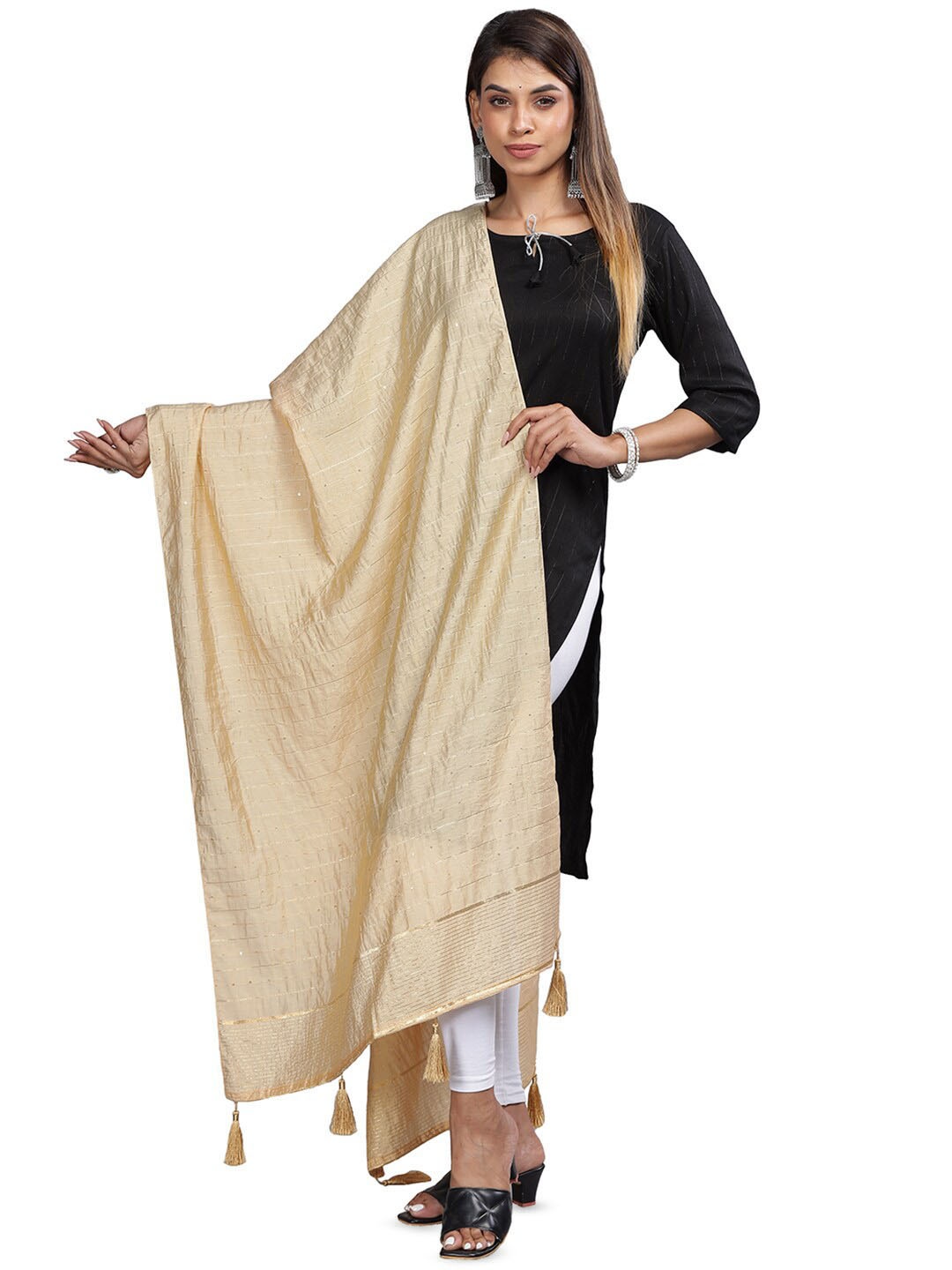 

Aanys Culture Striped Sequinned Dupatta, Cream