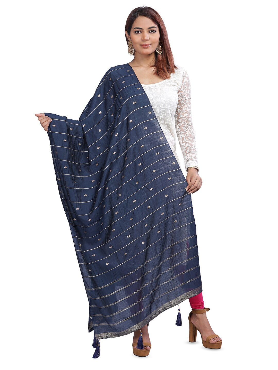 

Aanys Culture Striped Woven Design Zari Dupatta, Navy blue