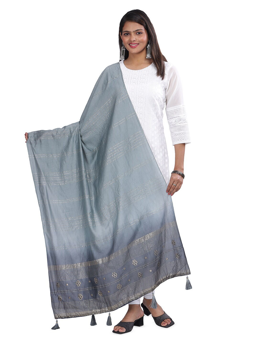 

Aanys Culture Striped Zari Detailed Cotton Silk Chanderi Dupatta, Grey