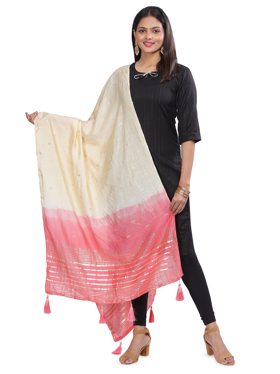 

Aanys Culture Ethnic Motifs Woven Design Zari Detailed Cotton Silk Chanderi Dupatta, Beige