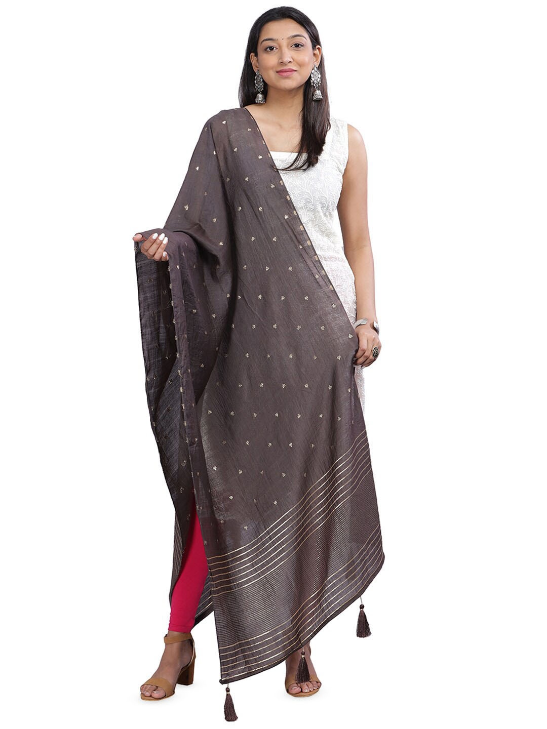 

Aanys Culture Ethnic Motifs Woven Design Cotton Silk Tasselled Dupatta, Coffee brown