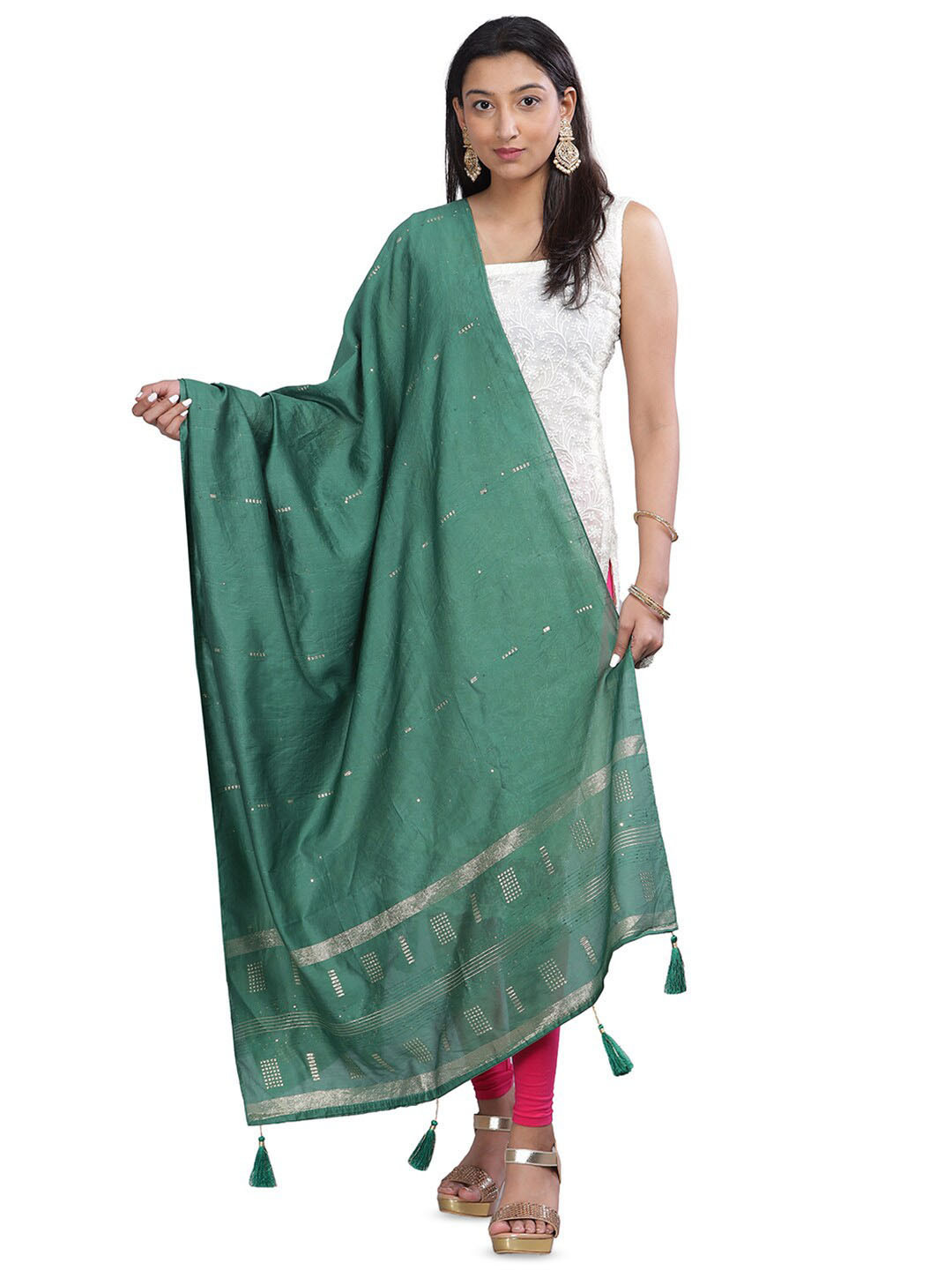

Aanys Culture Striped Cotton Silk Dupatta with Zari, Green