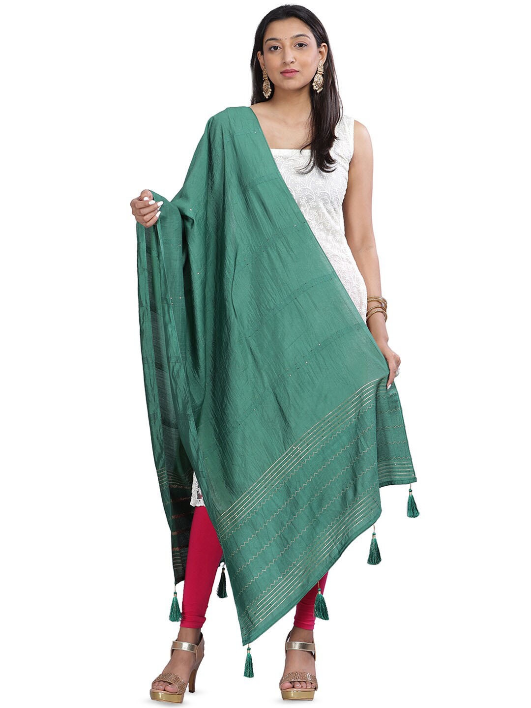 

Aanys Culture Striped Sequinned Detailed Cotton Silk Chanderi Dupatta, Green