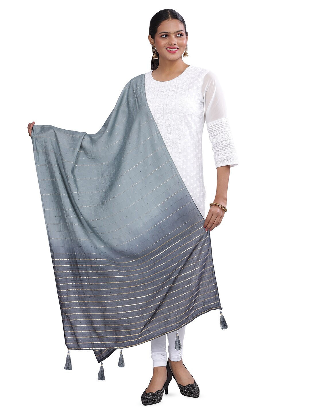 

Aanys Culture Colourblocked Dupatta with Zari, Grey