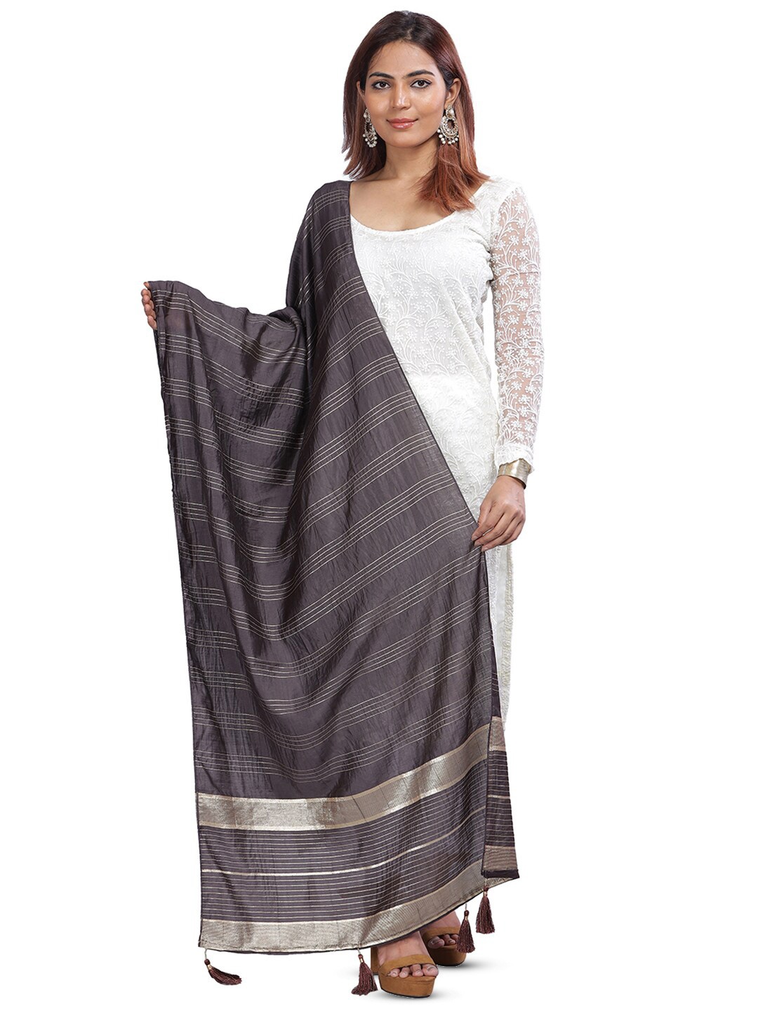 

Aanys Culture Striped Zari Detailed Cotton Silk Chanderi Dupatta, Coffee brown