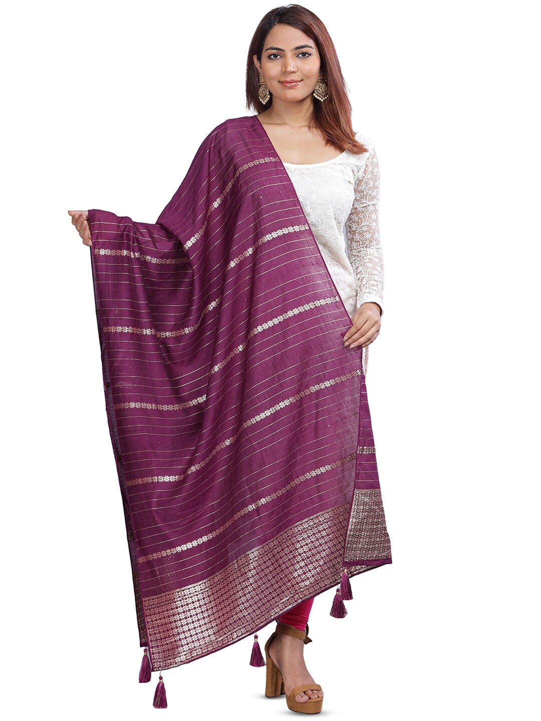 

Aanys Culture Ethnic Motifs Woven Design Zari Detailed Cotton Silk Chanderi Dupatta, Purple