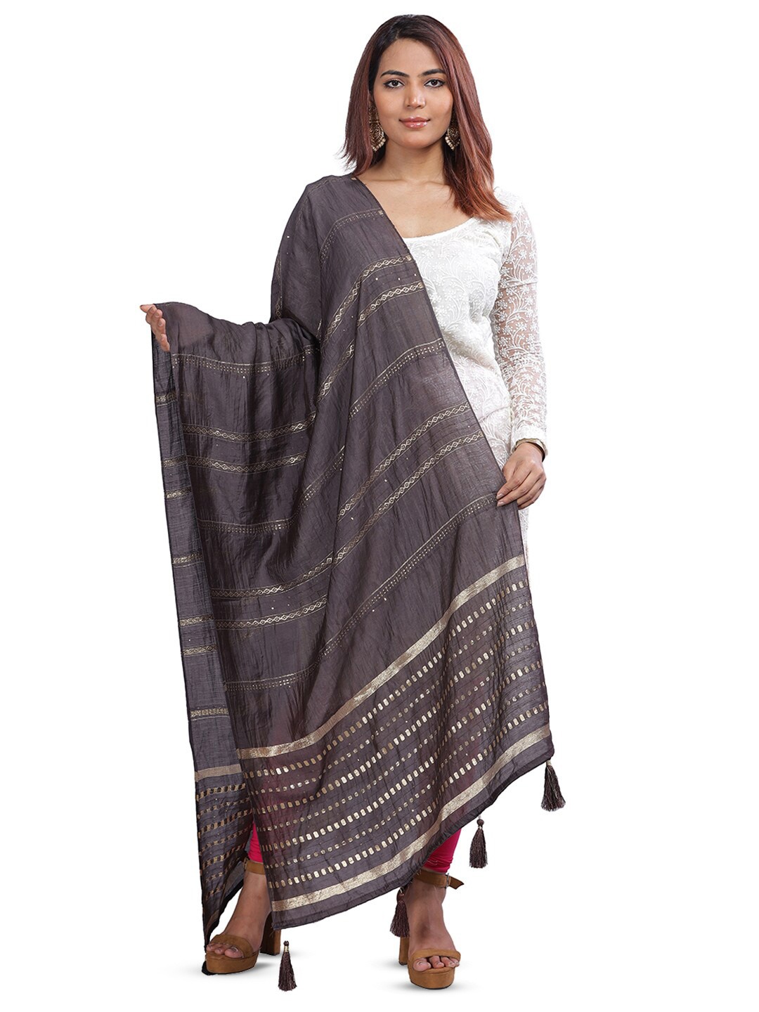 

Aanys Culture Striped Zari Cotton Silk Dupatta, Coffee brown