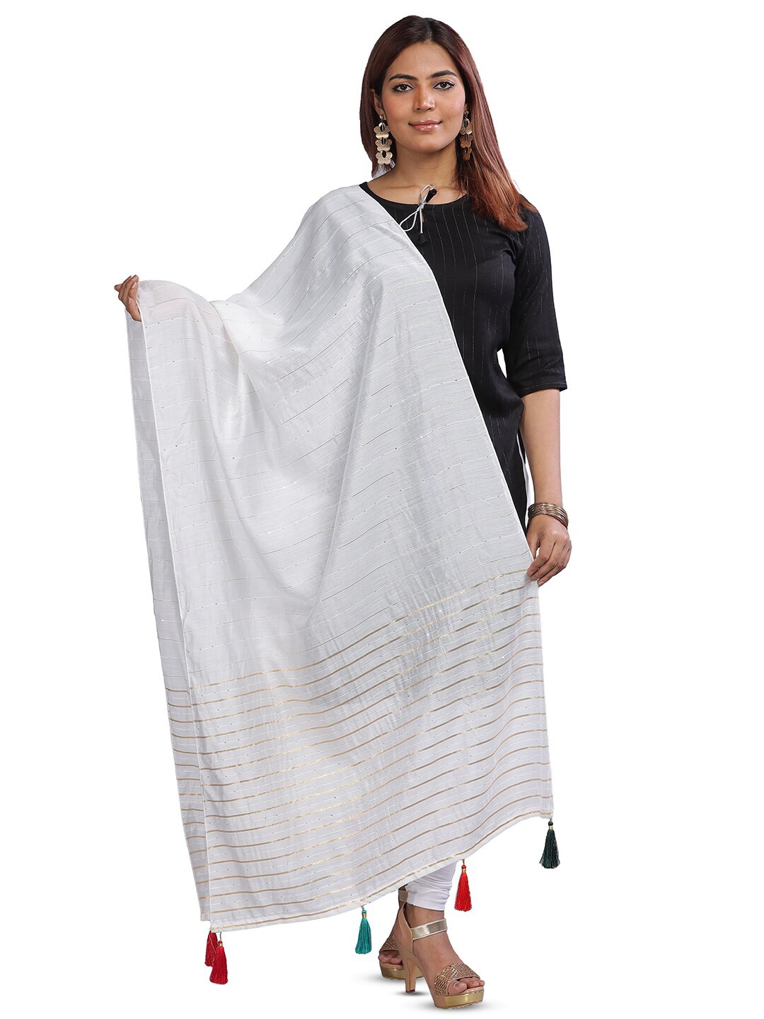

Aanys Culture Striped Cotton Silk Dupatta with Zari, White