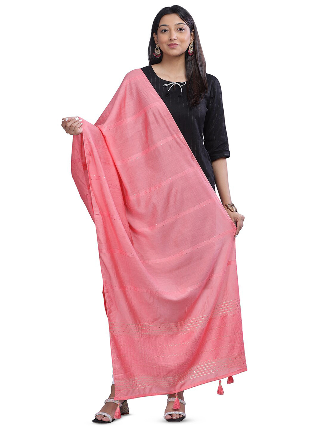 

Aanys Culture Striped Zari Dupatta, Pink