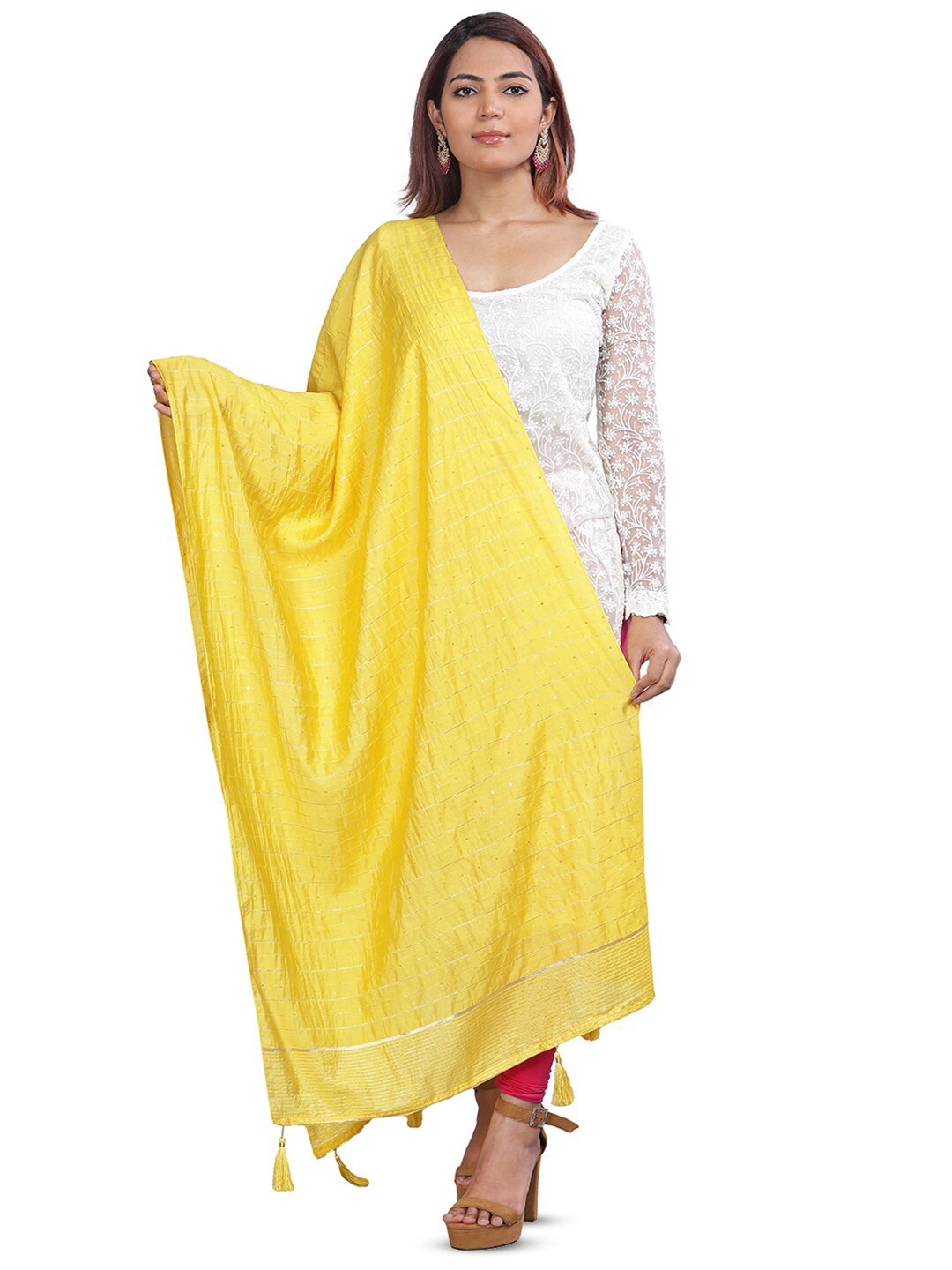 

Aanys Culture Striped Sequinned Dupatta, Yellow