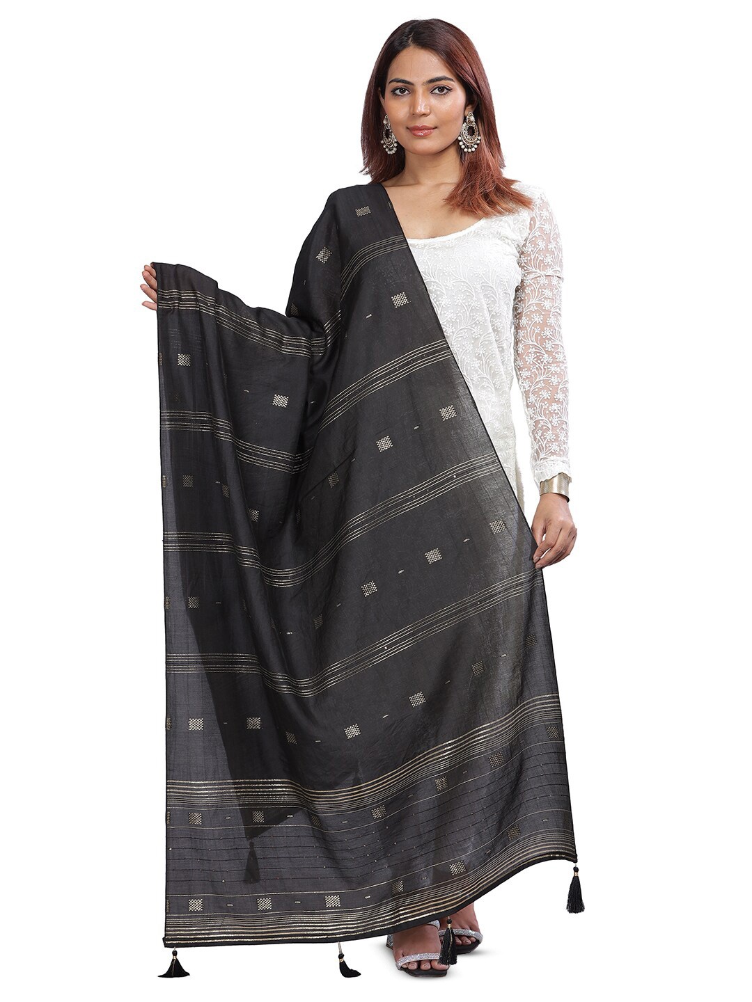 

Aanys Culture Embroidered Cotton Silk Dupatta with Sequinned, Black