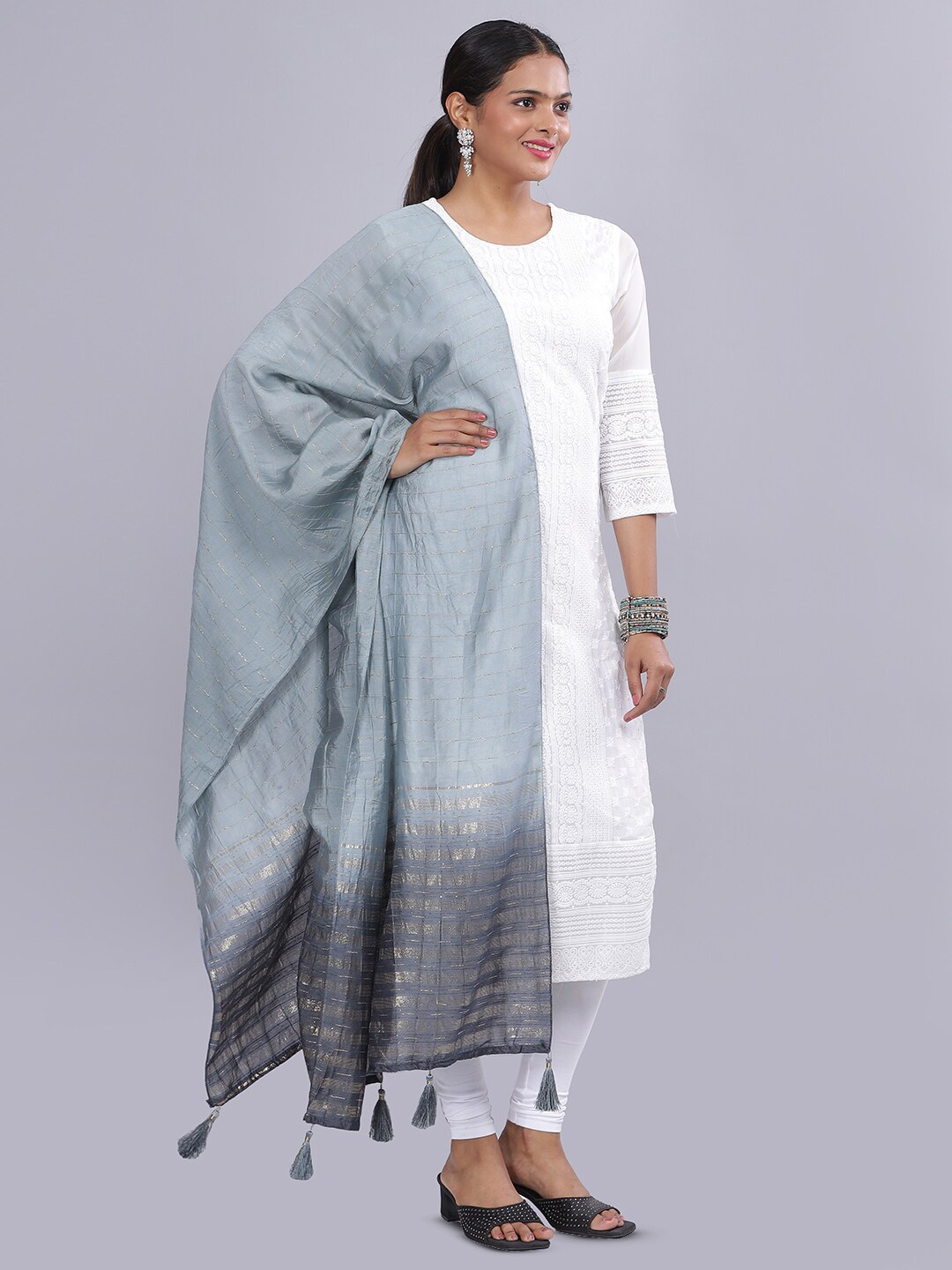 

Aanys Culture Striped Cotton Silk Dupatta, Grey