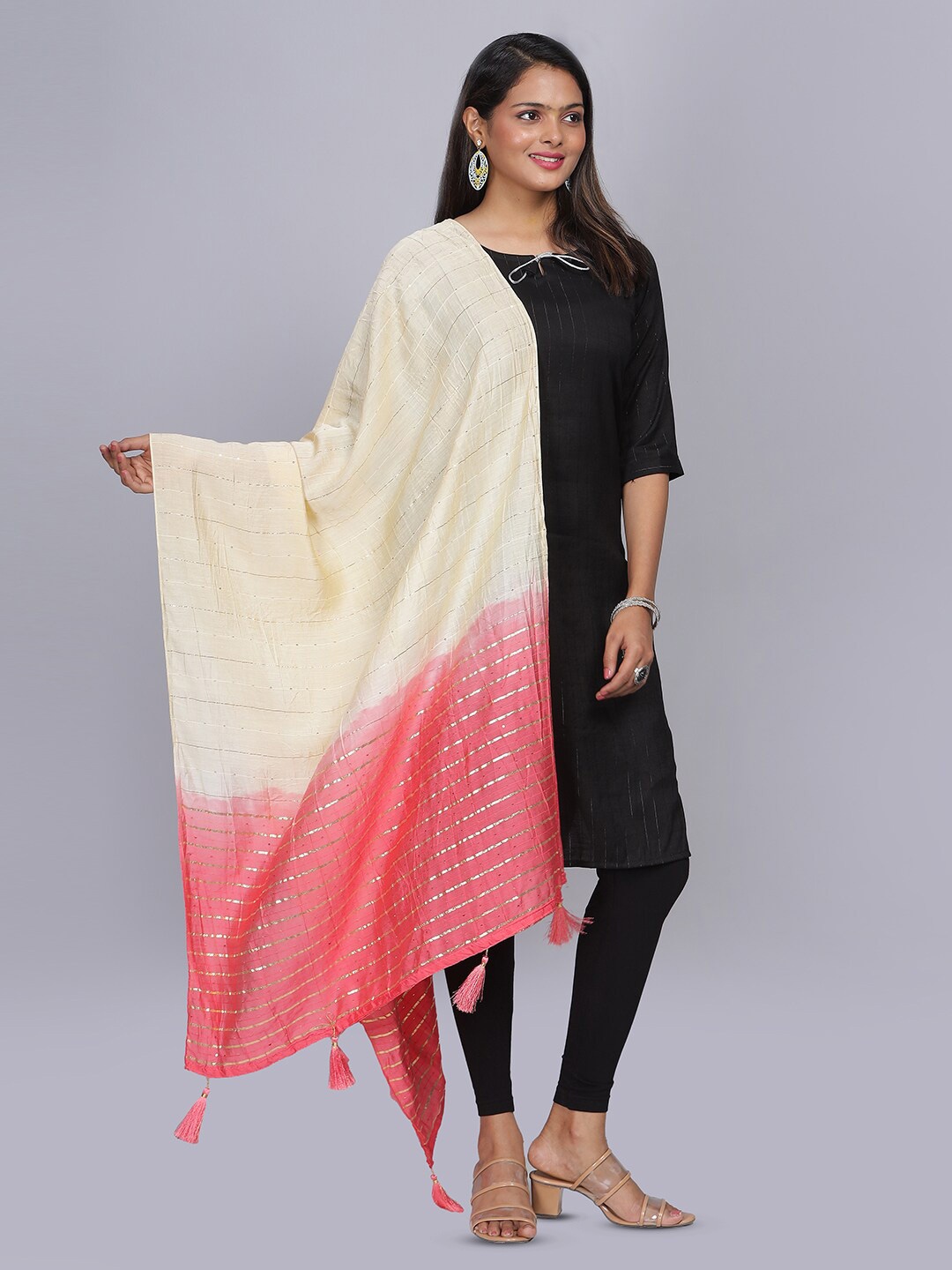 

Aanys Culture Striped Zari Cotton Silk Dupatta, Beige
