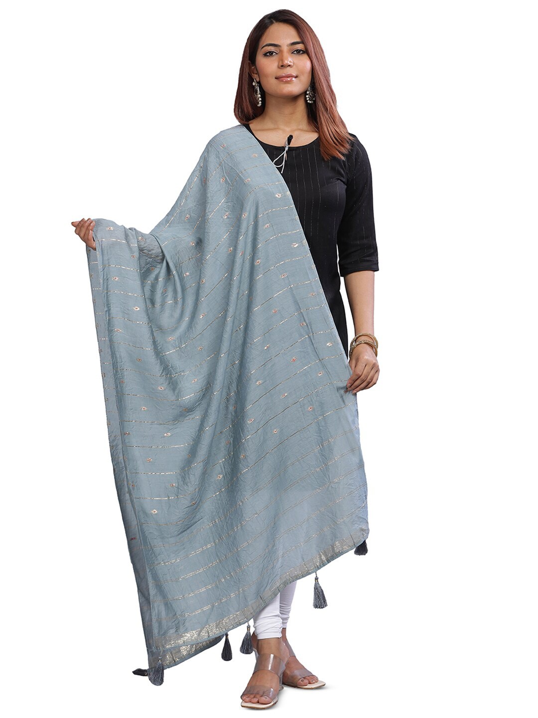

Aanys Culture Striped Cotton Silk Dupatta with Zari, Grey