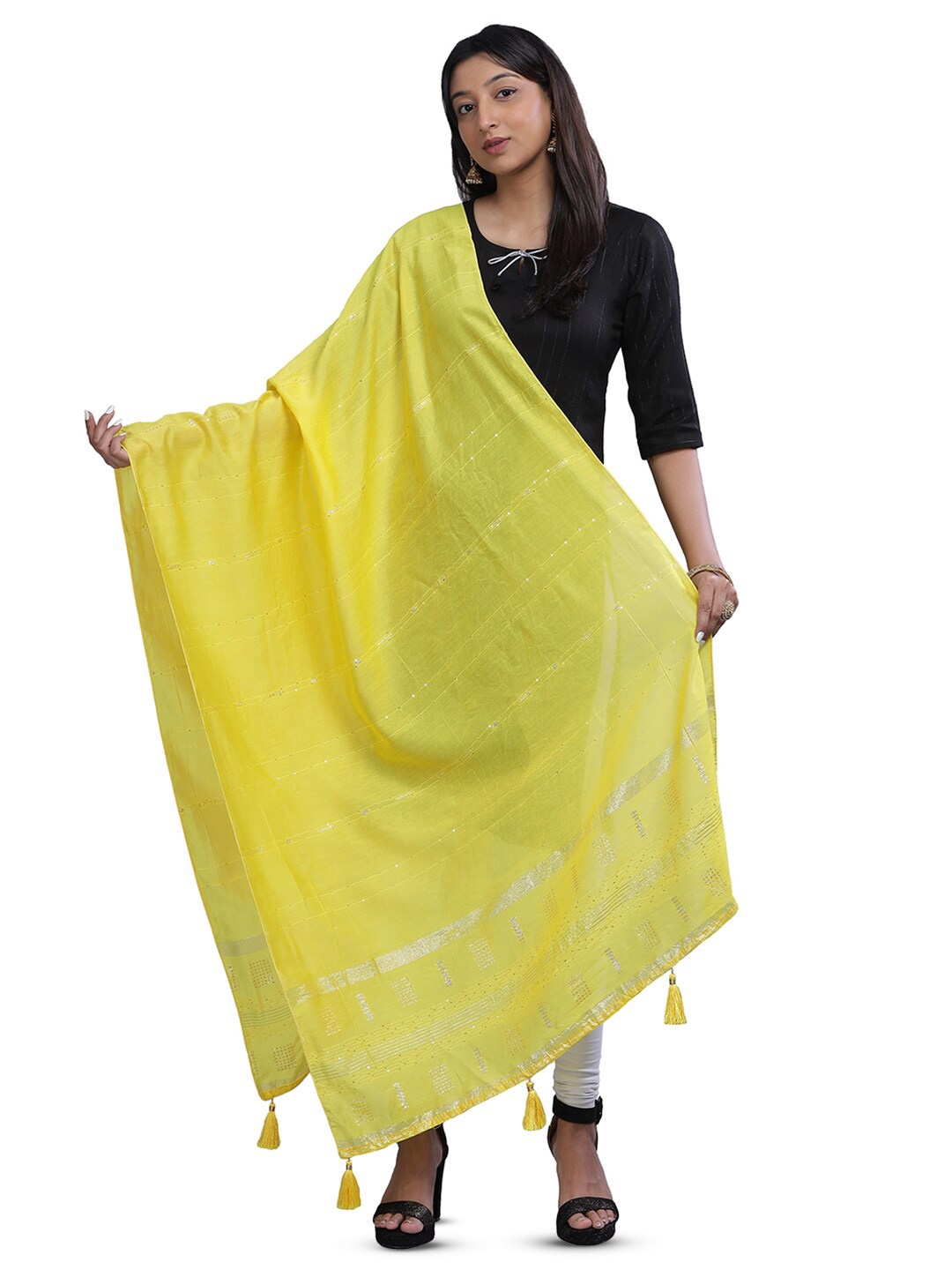 

Aanys Culture Striped Zari Dupatta, Yellow