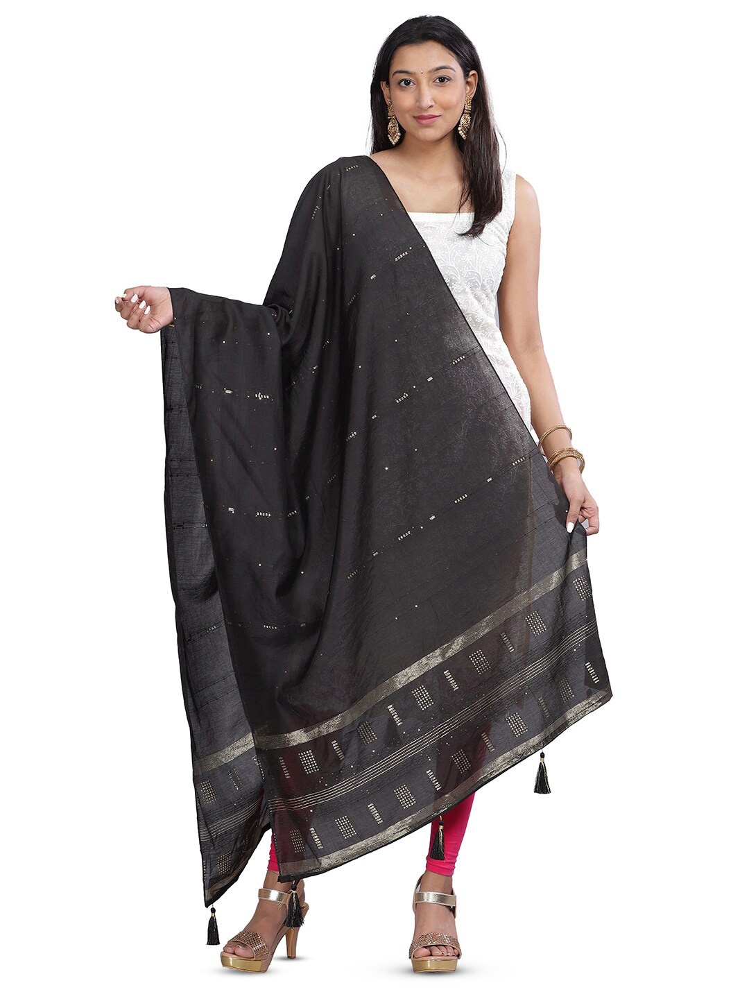 

Aanys Culture Striped Zari Dupatta, Black