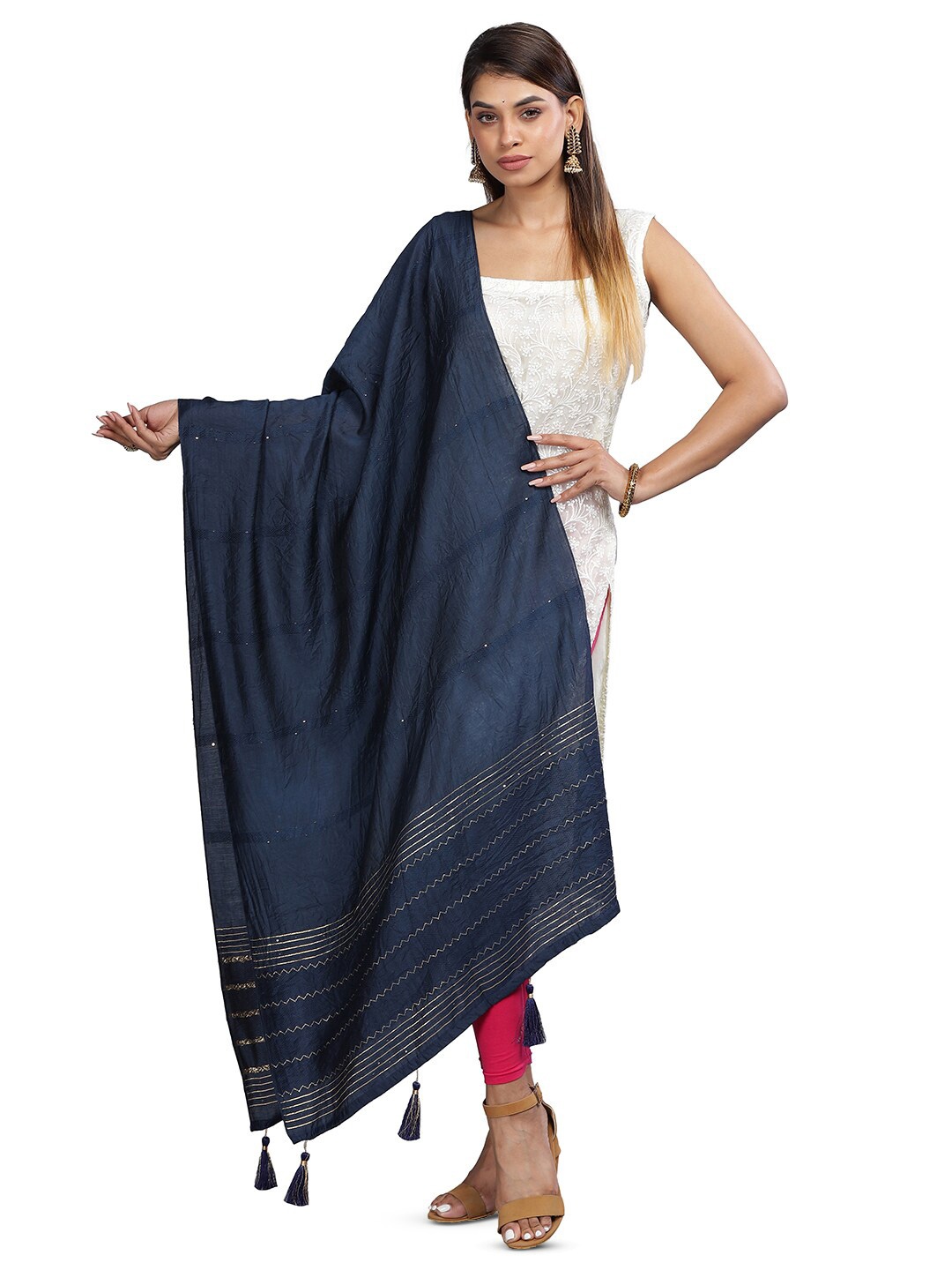 

Aanys Culture Striped Zari Detailed Cotton Silk Chanderi Dupatta, Navy blue