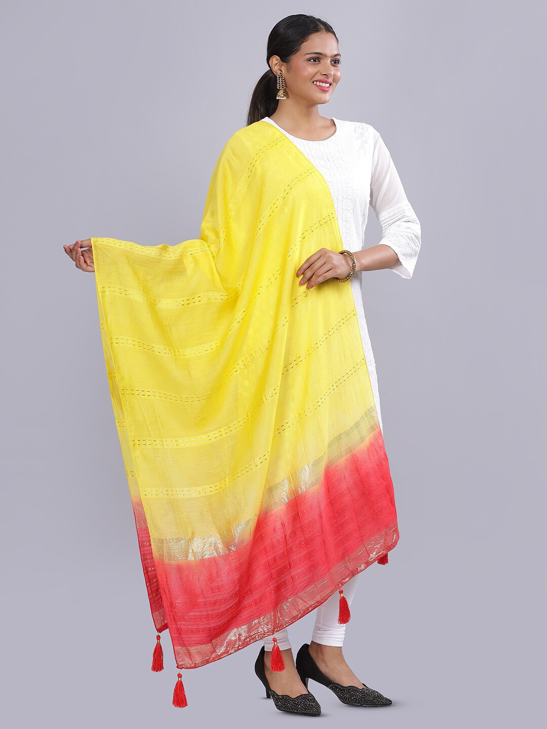 

Aanys Culture Striped Zari Cotton Silk Dupatta, Yellow