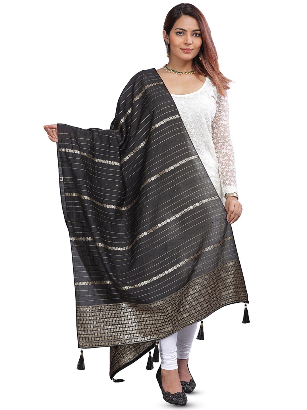 

Aanys Culture Striped Cotton Silk Dupatta with Zari, Black