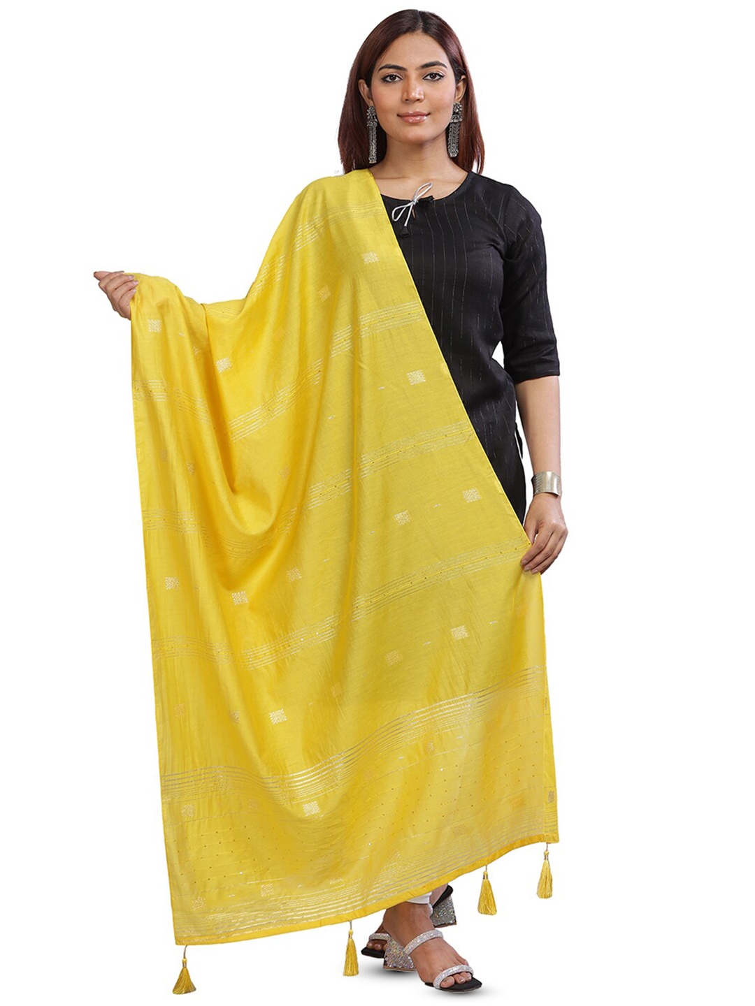 

Aanys Culture Striped Cotton Silk Dupatta with Zari, Yellow