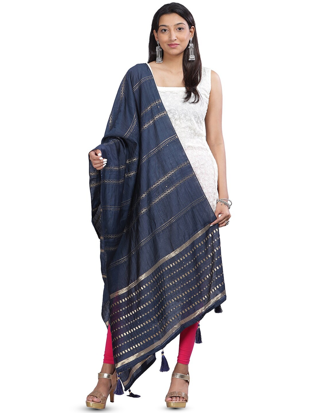 

Aanys Culture Striped Cotton Silk Dupatta with Zari, Navy blue