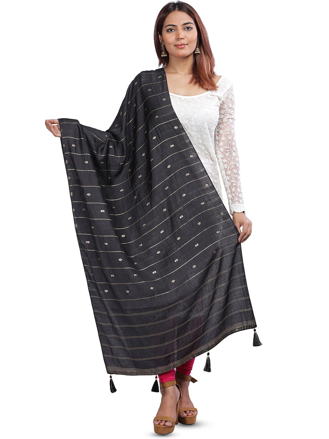 

Aanys Culture Ethnic Motifs Woven Design Zari Detailed Cotton Silk Chanderi Dupatta, Black