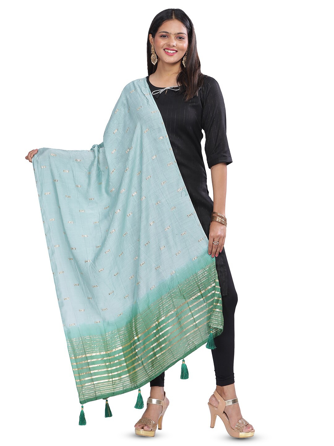 

Aanys Culture Colourblocked Cotton Silk Dupatta with Zari, Blue