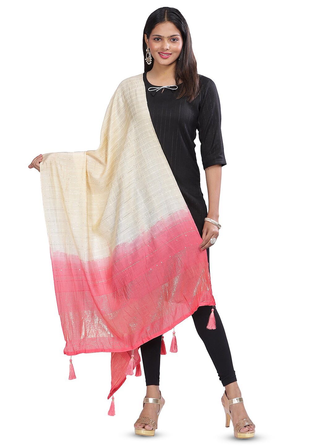 

Aanys Culture Striped Sequinned Detailed Cotton Silk Chanderi Dupatta, Off white