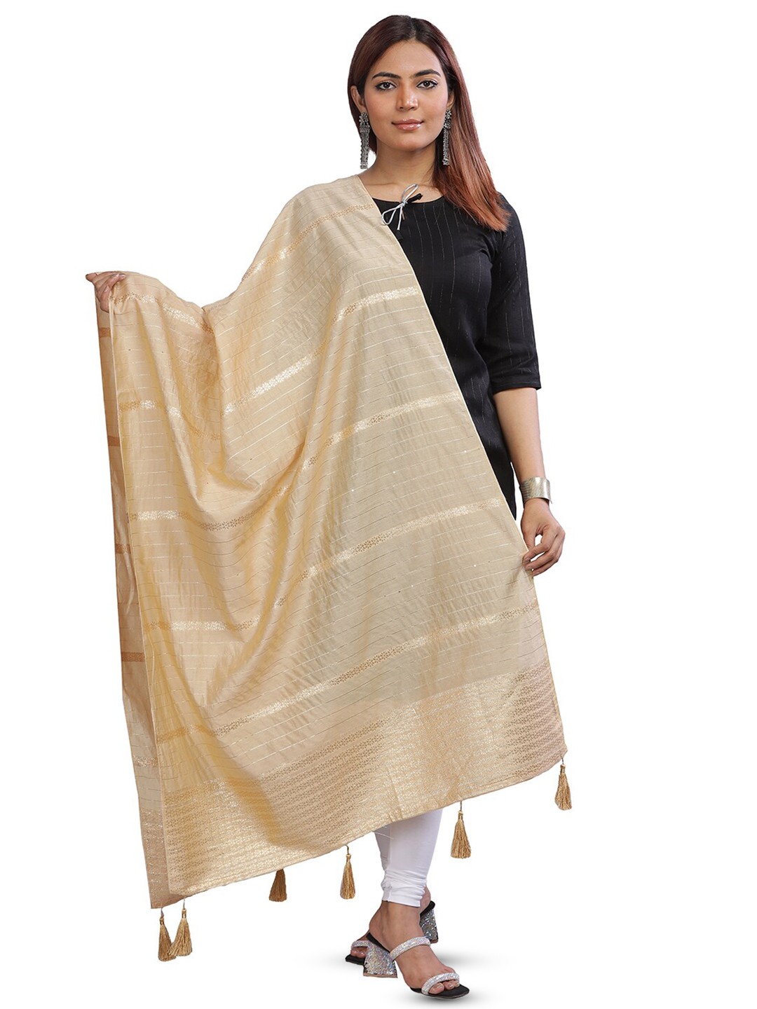 

Aanys Culture Striped Zari Cotton Silk Dupatta, Cream