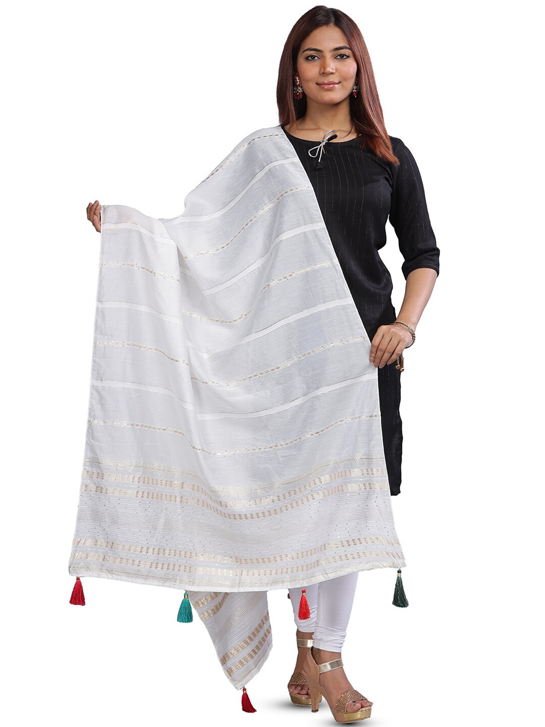 

Aanys Culture Striped Cotton Silk Dupatta, White