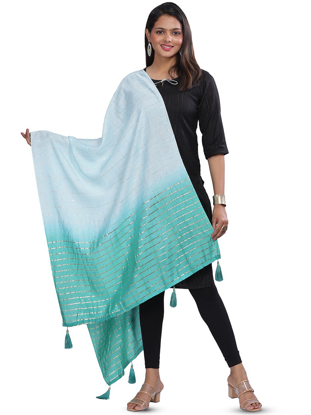 

Aanys Culture Striped Cotton Silk Dupatta with Zari, Blue