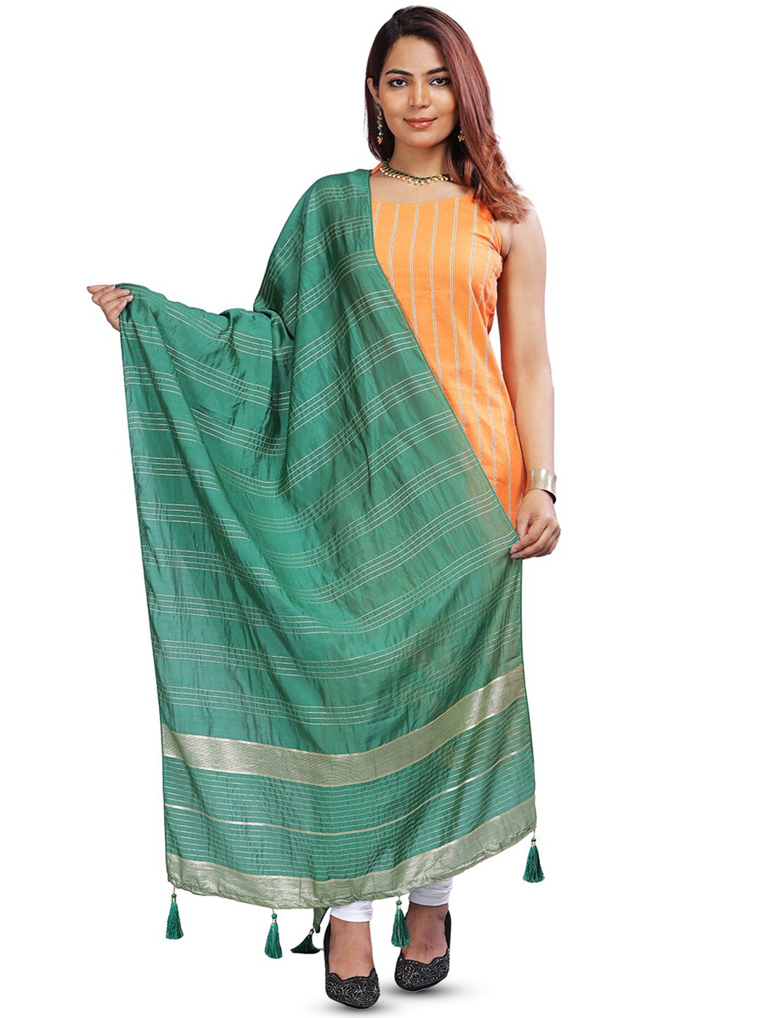 

Aanys Culture Striped Dupatta with Zari, Green