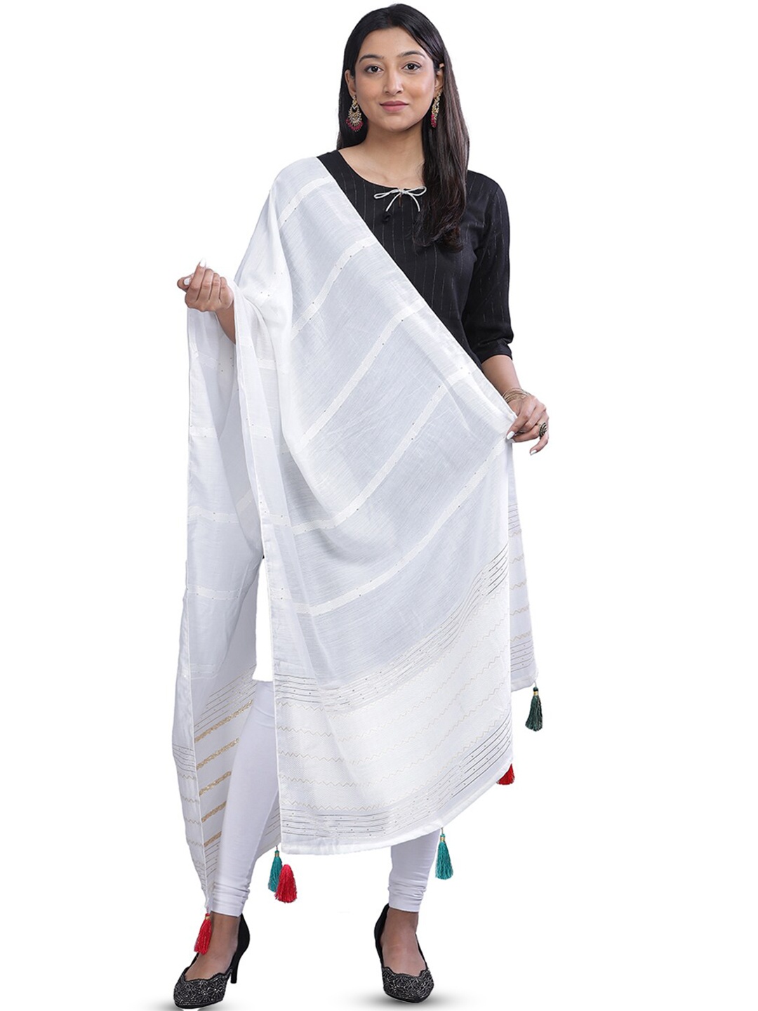 

Aanys Culture Striped Zari Cotton Silk Dupatta, White