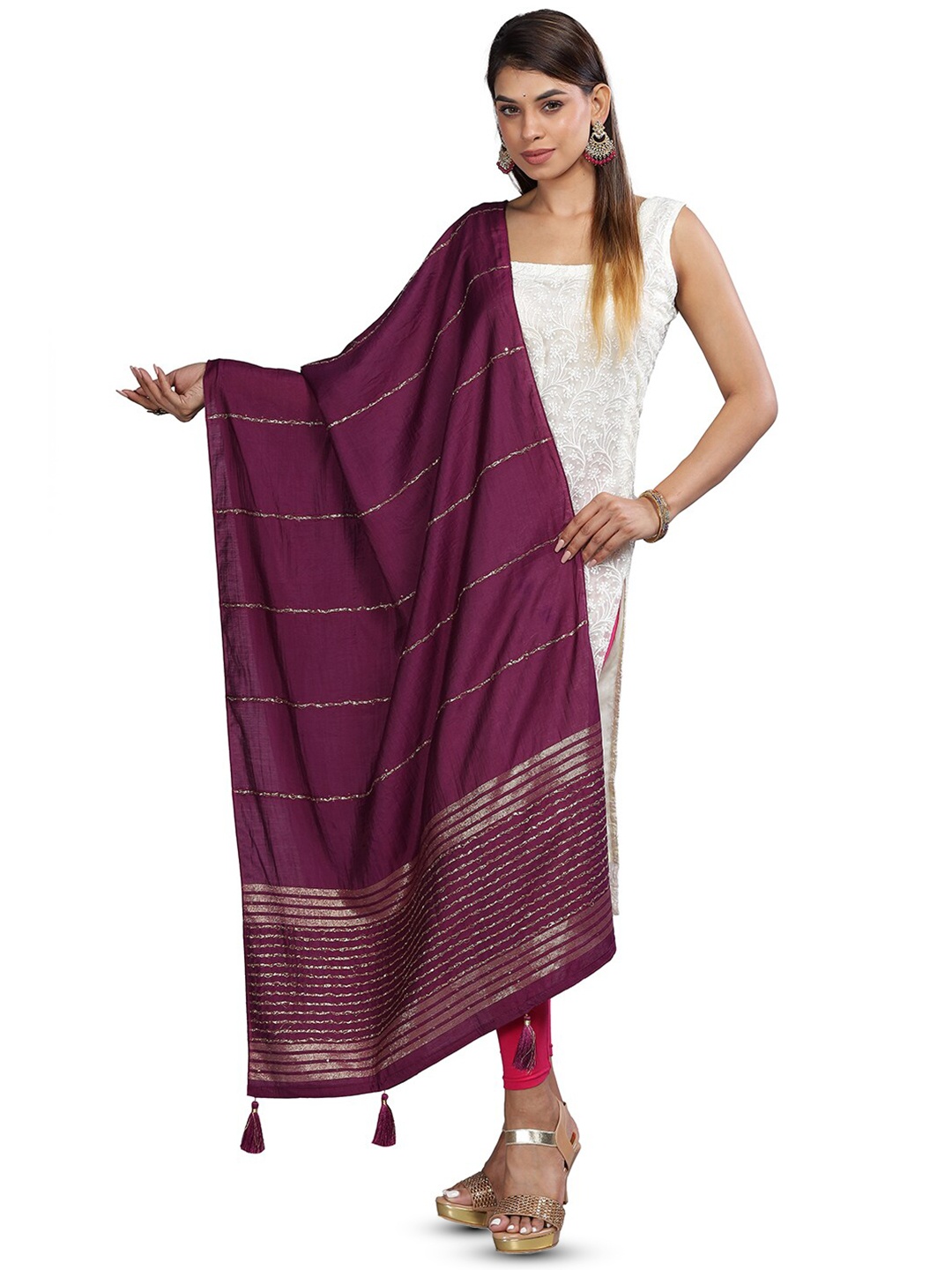 

Aanys Culture Striped Cotton Silk Dupatta with Zari, Purple