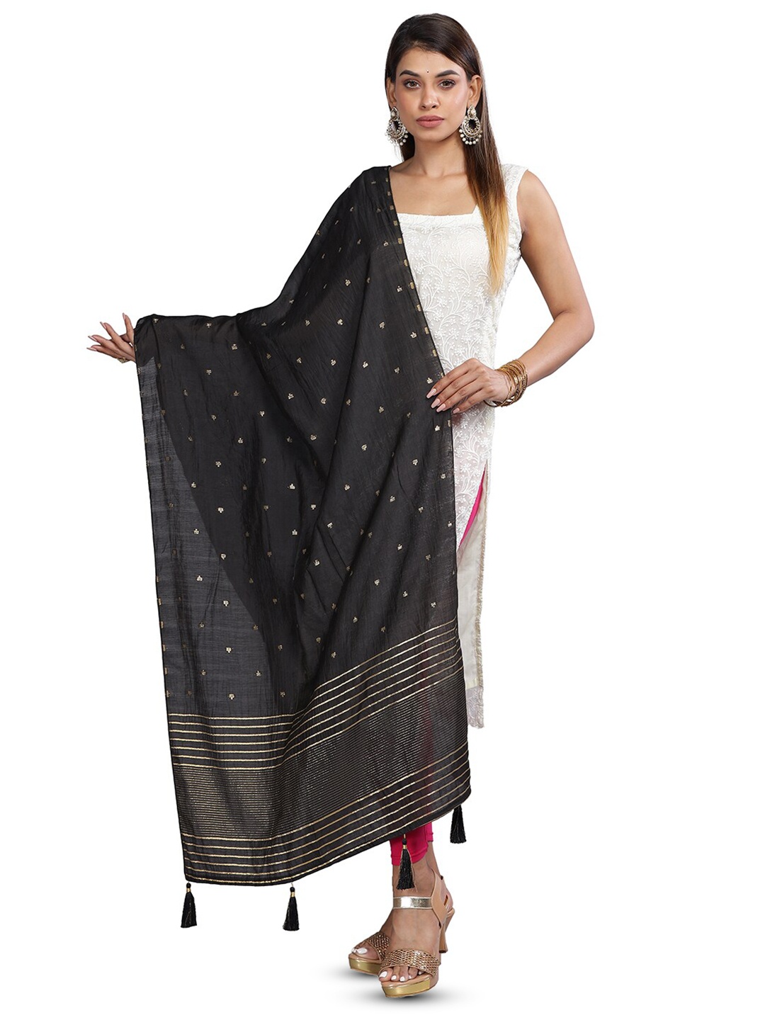 

Aanys Culture Ethnic Motifs Woven Design Zari Detailed Cotton Silk Chanderi Dupatta, Black