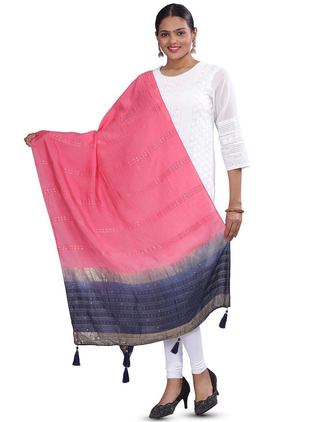 

Aanys Culture Striped Zari Detailed Cotton Silk Chanderi Dupatta, Pink