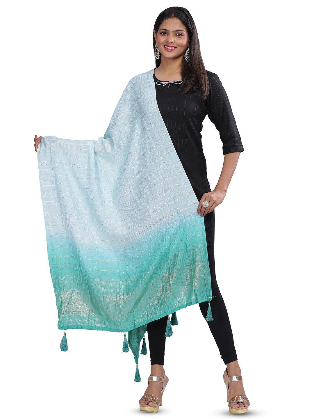 

Aanys Culture Striped Sequinned Detailed Cotton Silk Chanderi Dupatta, Blue