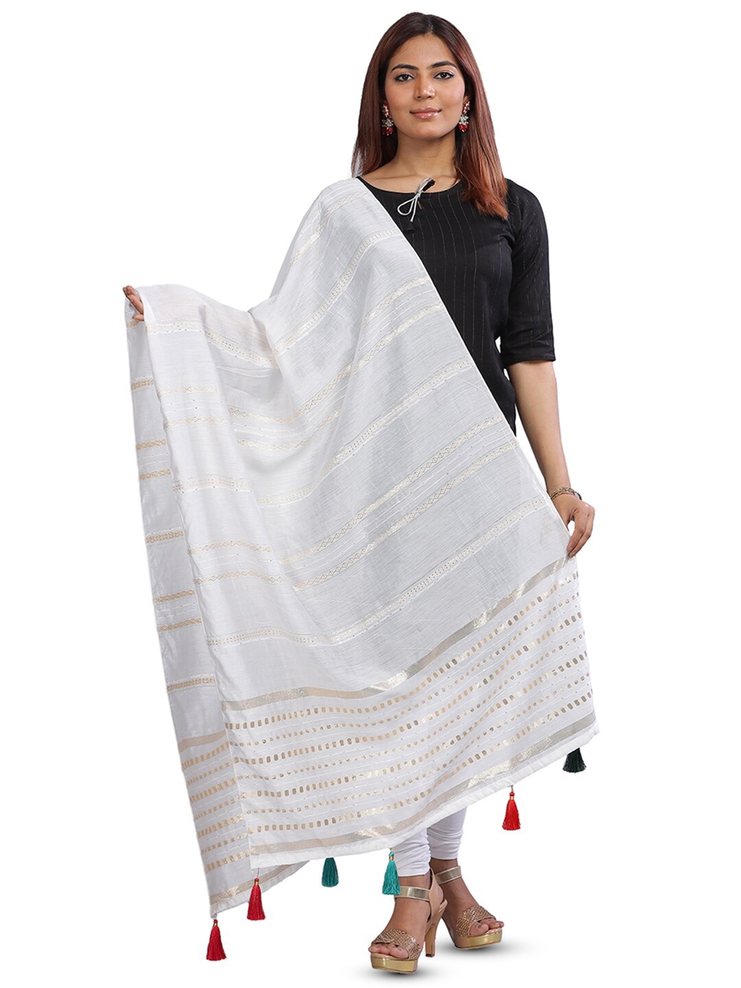 

Aanys Culture Striped Zari Dupatta, White