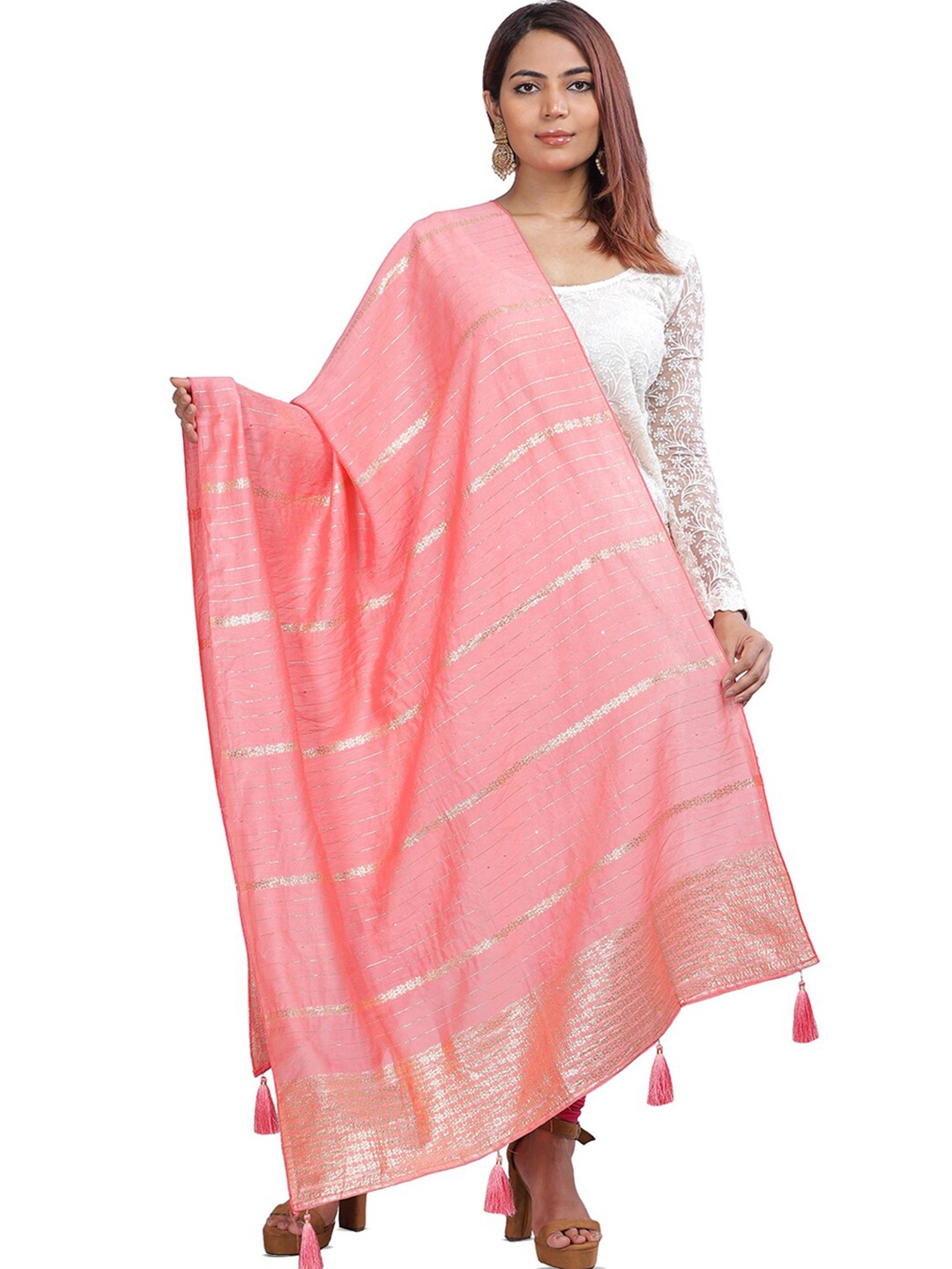 

Aanys Culture Striped Cotton Silk Dupatta with Zari, Pink