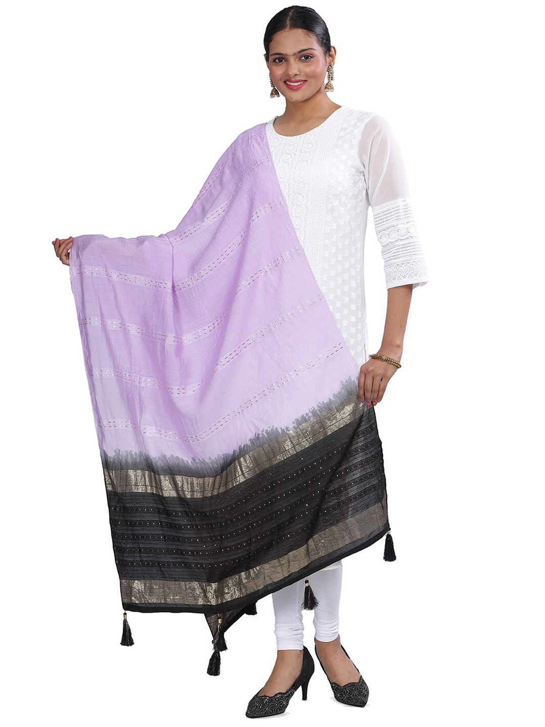 

Aanys Culture Striped Cotton Silk Dupatta with Zari, Purple