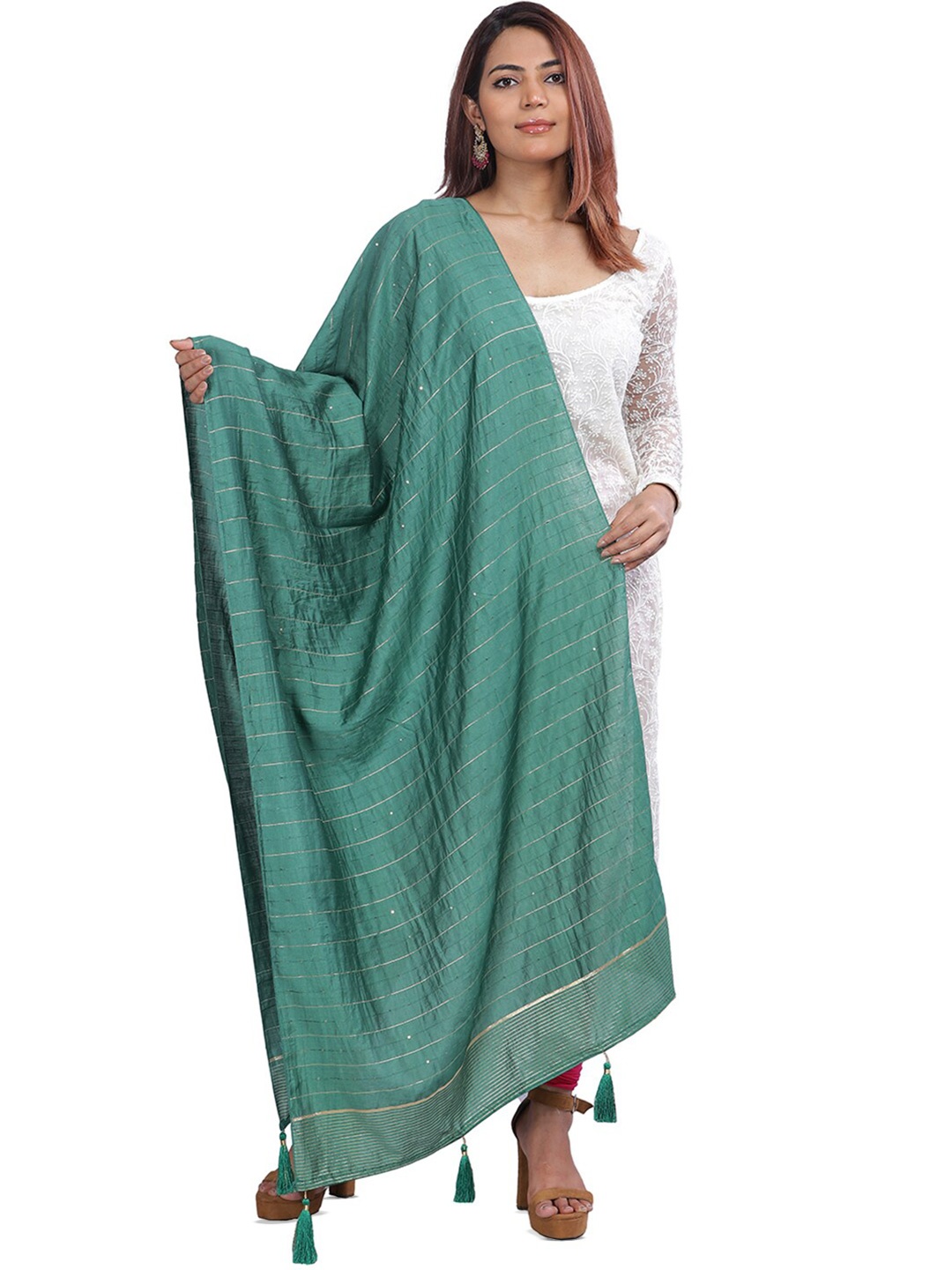 

Aanys Culture Striped Embellished Cotton Silk Dupatta, Green