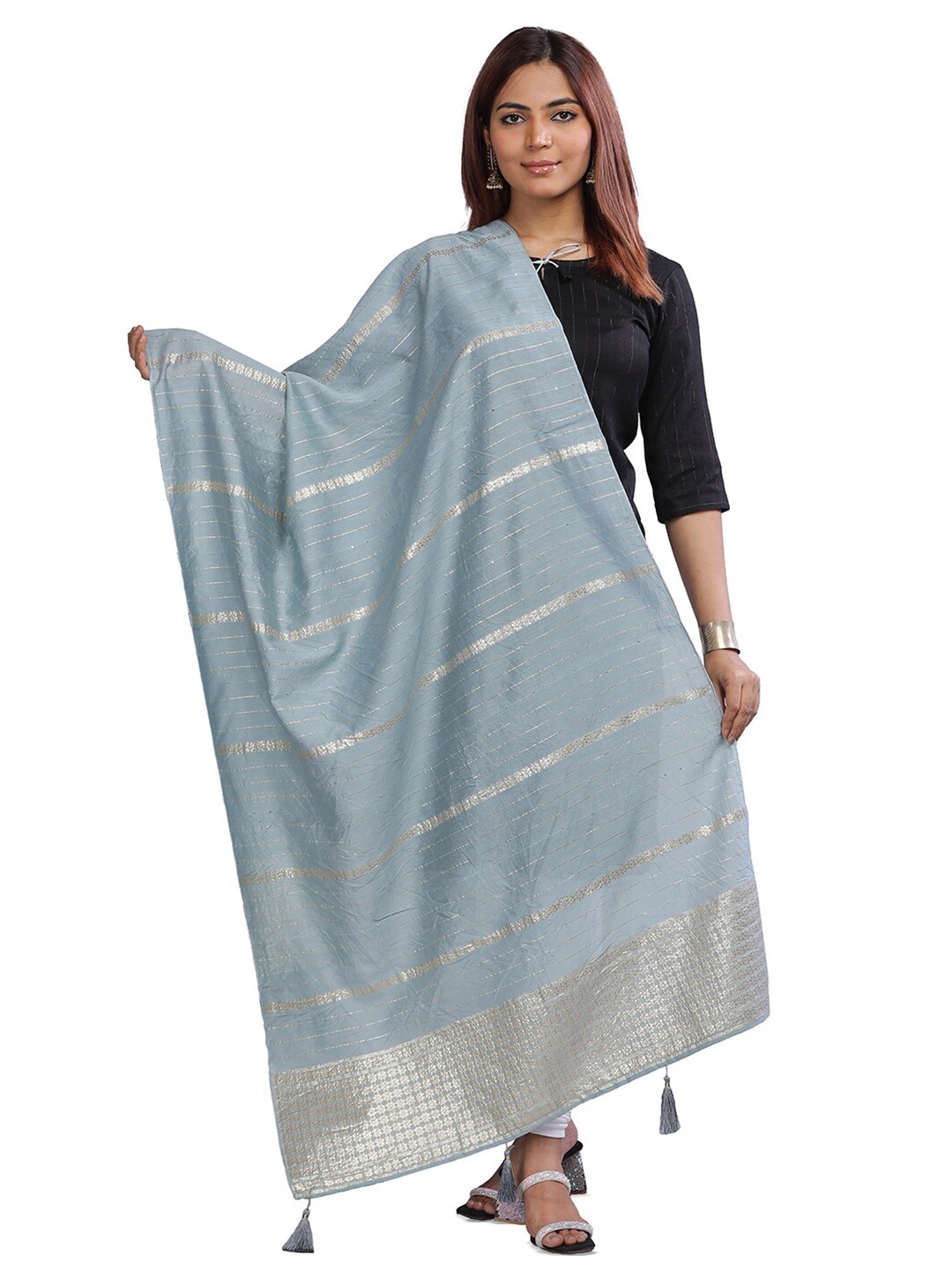 

Aanys Culture Woven Design Cotton Silk Dupatta with Zari, Grey