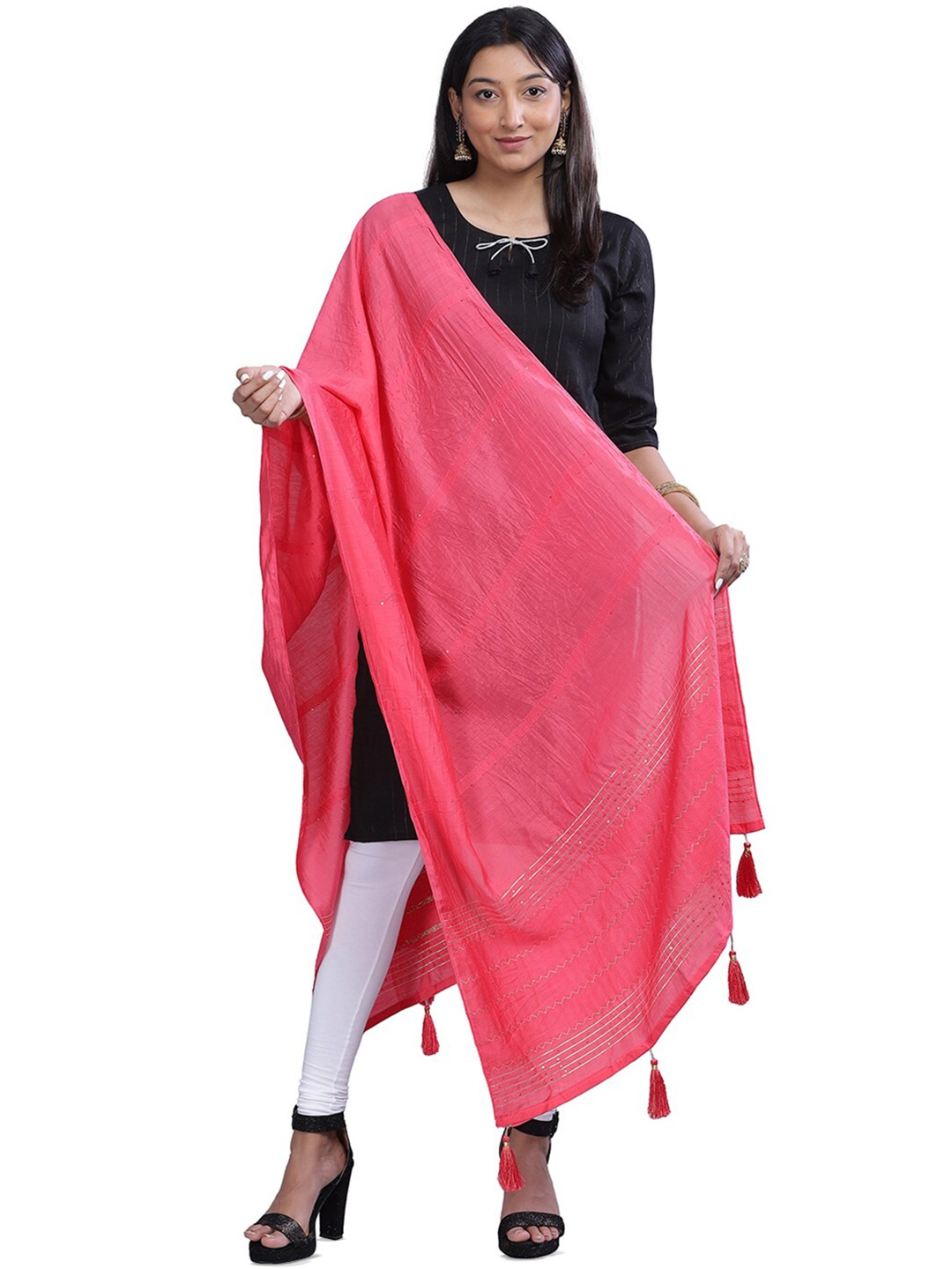 

Aanys Culture Striped Cotton Silk Dupatta, Pink