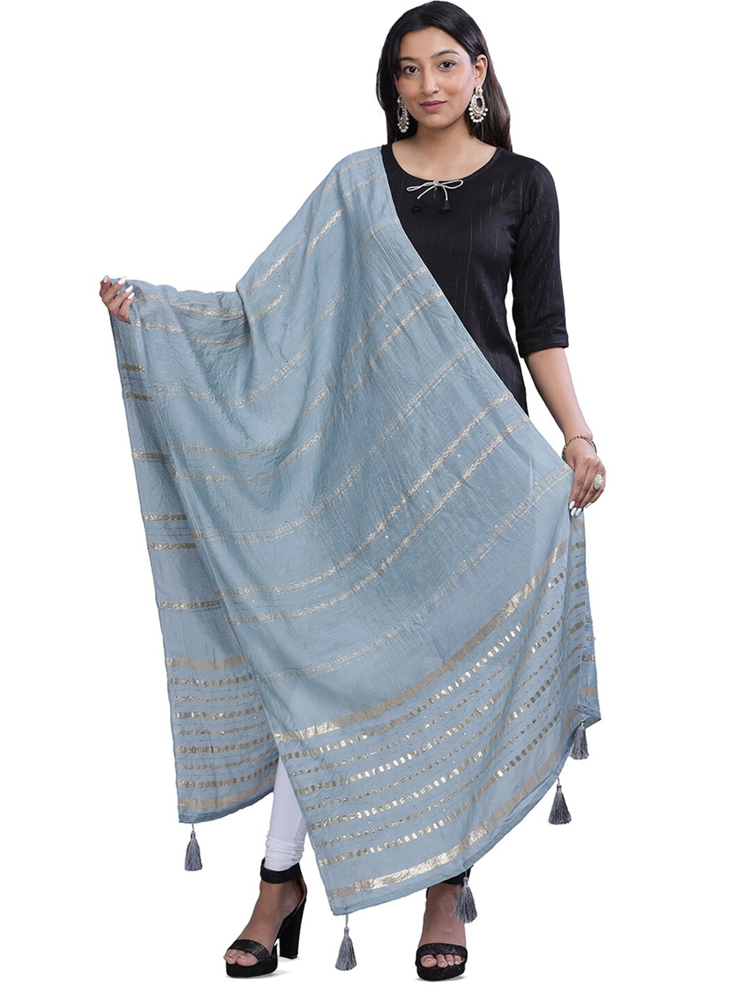 

Aanys Culture Striped Cotton Silk Dupatta with Zari, Grey