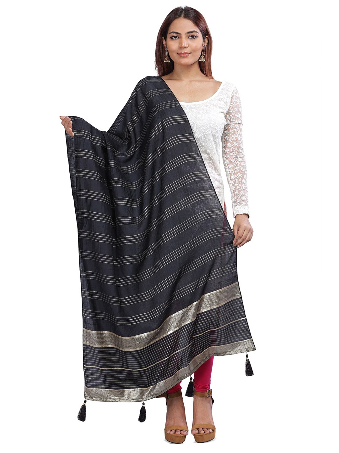 

Aanys Culture Striped Zari Dupatta, Black