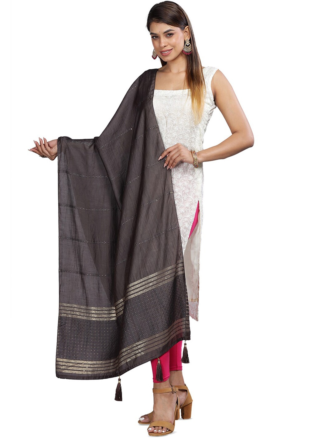 

Aanys Culture Striped Cotton Silk Dupatta, Coffee brown