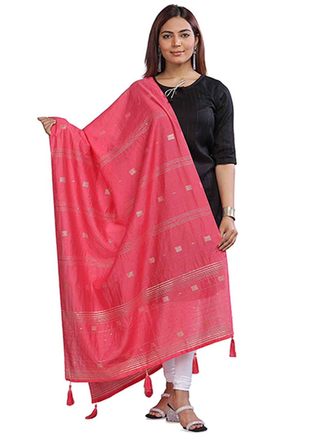 

Aanys Culture Striped Cotton Silk Dupatta with Zari, Pink