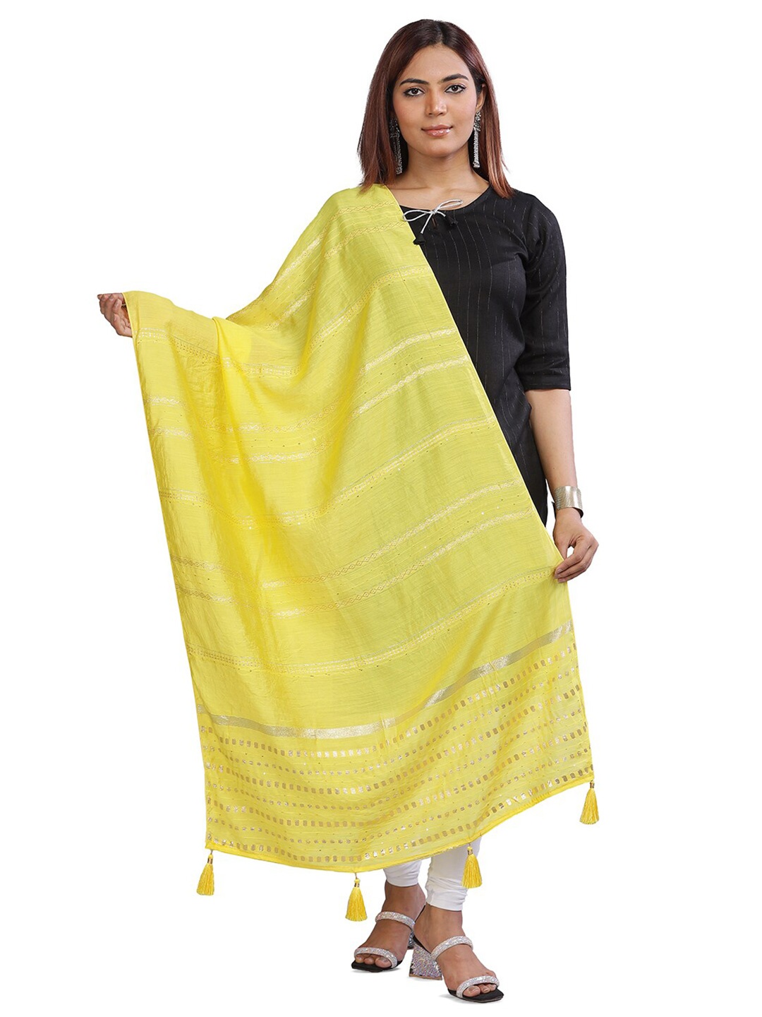 

Aanys Culture Striped Zari Dupatta, Yellow