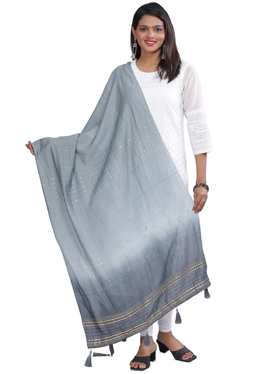 

Aanys Culture Striped Cotton Silk Dupatta with Zari, Grey