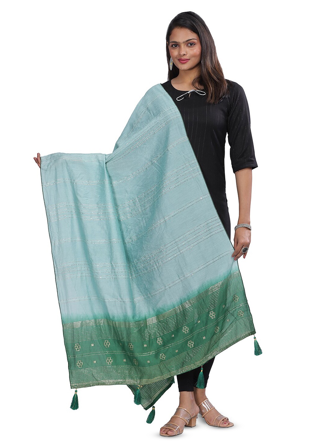 

Aanys Culture Striped Zari Dupatta, Green